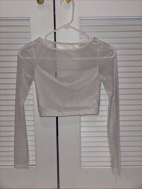 Balera Womens White Crop Top: Mesh Sleeves, Strappy Back
